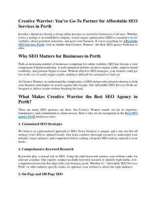 Creative Warrior You’re Go-To Partner for Affordable SEO Services in Perth