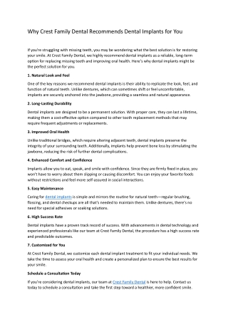 Crest Family Dental Recommends Dental Implants