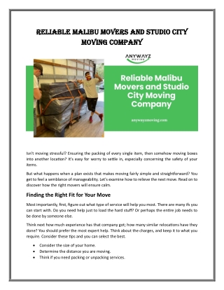 Reliable Malibu Movers and Studio City Moving Company