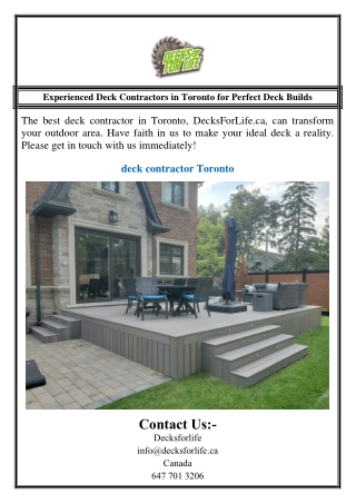 Experienced Deck Contractors in Toronto for Perfect Deck Builds