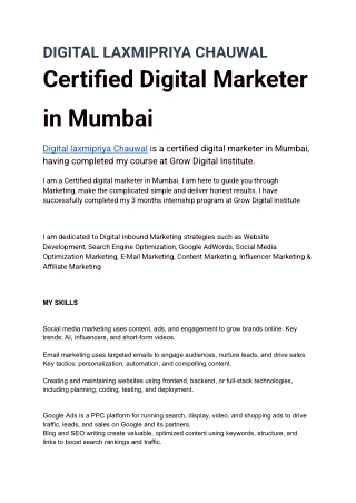 DIGITAL LAXMIPRIYA CHAUWAL Certified Digital Marketer in Mumbai