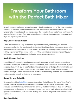Transform Your Bathroom with the Perfect Bath Mixer