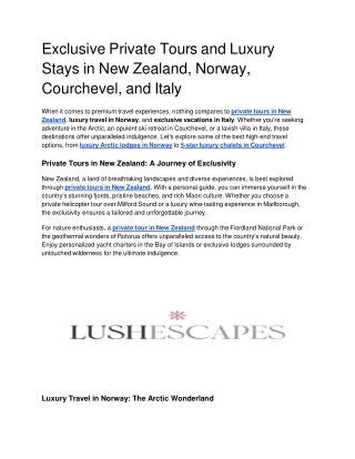 Exclusive Private Tours and Luxury Stays in New Zealand, Norway, Courchevel, and Italy