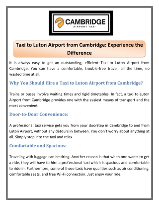 Taxi to Luton Airport from Cambridge