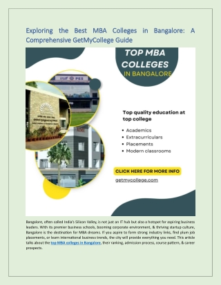 Exploring the Best MBA Colleges in Bangalore - A Comprehensive GetMyCollege Guide