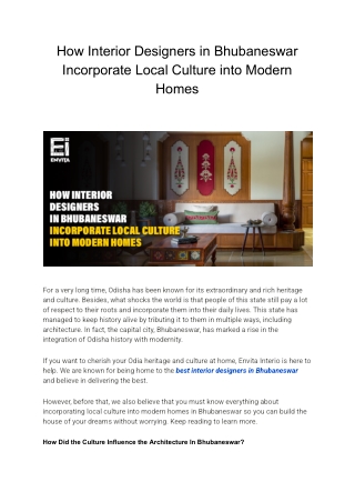 How Interior Designers in Bhubaneswar Incorporate Local Culture into Modern Homes
