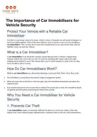 The Importance of Car Immobilisers for Vehicle Security