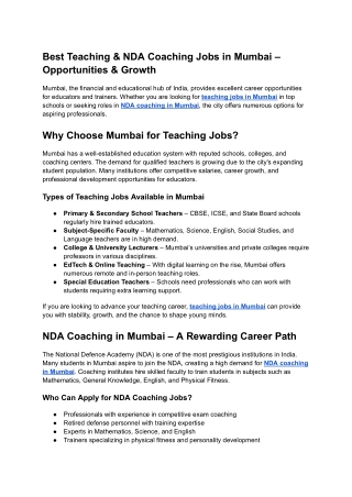 Best Teaching & NDA Coaching Jobs in Mumbai – Opportunities & Growth