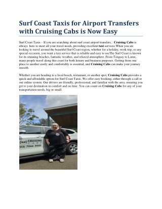 Surf Coast Taxis for Airport Transfers with Cruising Cabs is Now Easy