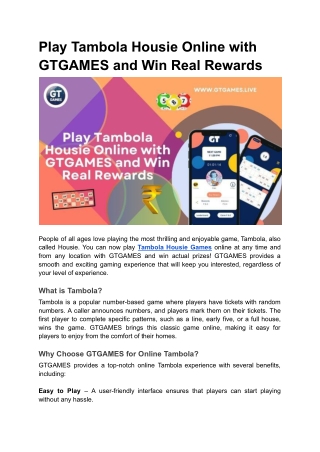 Play Tambola Housie Online with GTGAMES and Win Real Rewards