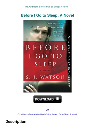 READ Books Before I Go to Sleep A Novel