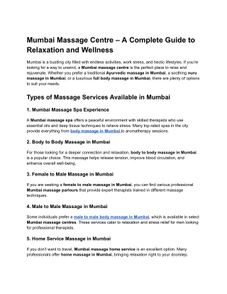 Mumbai Massage Centre – A Complete Guide to Relaxation and Wellness