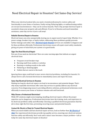 Reliable Electrical Repair in Houston | Mr. Electric of Katy