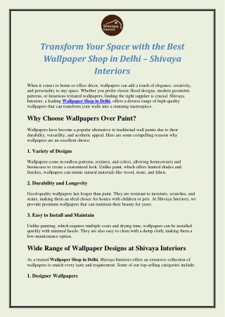 Transform Your Space with the Best Wallpaper Shop in Delhi – Shivaya Interiors