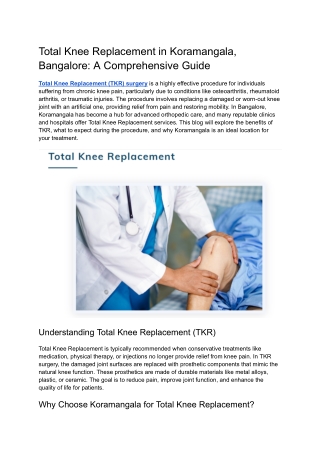 Total Knee Replacement in Koramangala, Bangalore A Comprehensive Guide