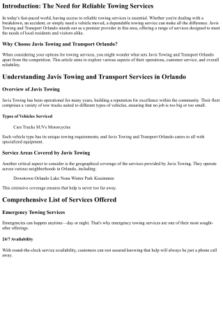 All About Javis Towing and Transport Services in Orlando