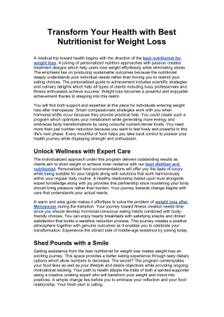 Transform Your Health with Best Nutritionist for Weight Loss