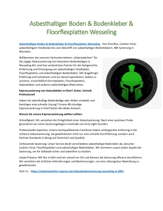 Asbesthaltiger Boden & Bodenkleber & Floorflexplatten Wesseling