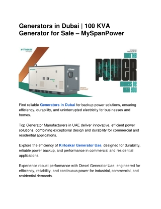 Generators in Dubai | 100 KVA Generator for Sale – MySpanPower