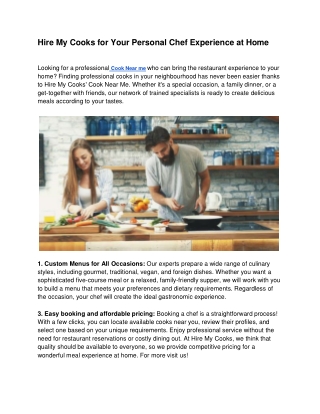 Hire My Cooks for Your Personal Chef Experience at Home