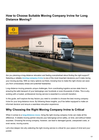 How to Choose Suitable Moving Company Irvine for Long Distance Moving?