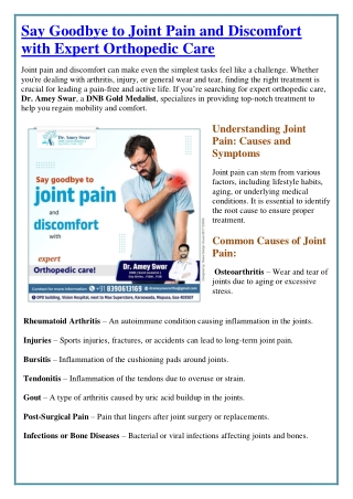 Say Goodbye to Joint Pain and Discomfort with Expert Orthopedic Care