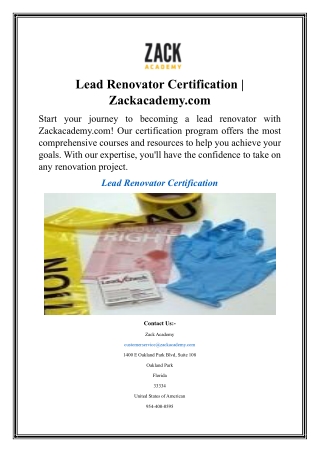 Lead Renovator Certification  Zackacademy.com
