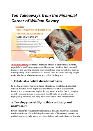 Ten Takeaways from the Financial Career of William Savary