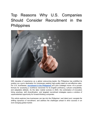 Top Reasons Why U.S. Companies Should Consider Recruitment in the Philippines