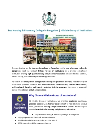 Top Nursing & Pharmacy College in Bangalore  Hillside Group of Institutions