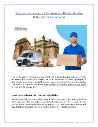 Best Courier Service for Mumbai and Delhi: Reliable Solutions for Every Need