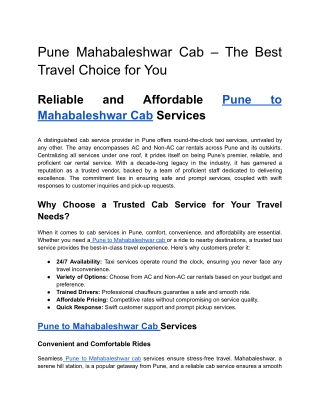 Pune Mahabaleshwar Cab – The Best Travel Choice for You