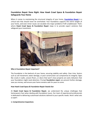 Foundation Repair Done Right- How Hawk Crawl Space & Foundation Repair Safeguards Your Home