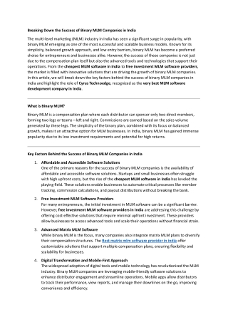 Breaking Down the Success of Binary MLM Companies in India
