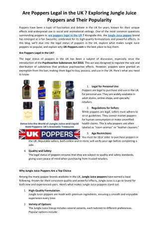 Are Poppers Legal in the UK ? Exploring Jungle Juice Poppers and Their Popularit