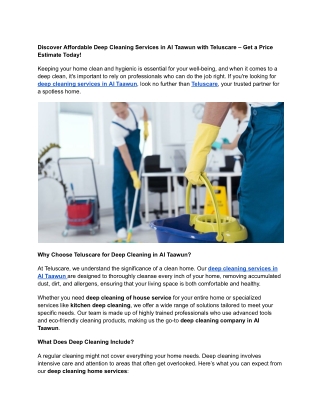 Discover Affordable Deep Cleaning Services in Al Taawun with Teluscare – Get a Price Estimate Today
