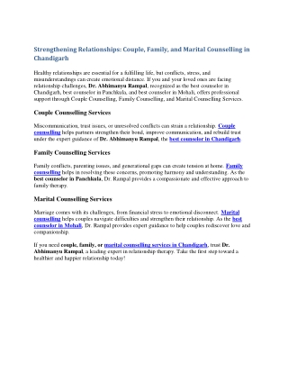 Strengthening Relationships Couple, Family, and Marital Counselling in Chandigarh