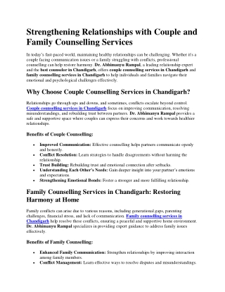 Strengthening Relationships with Couple and Family Counselling Services