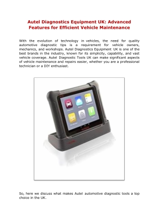 Autel Diagnostics Equipment UK Advanced Features for Efficient Vehicle Maintenance