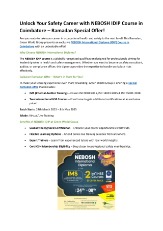 NEBOSH IDIP Course in Coimbatore Ramadan Offer Green World Group pdf