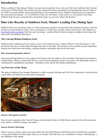 Dine Like Royalty at Stubborn Seed, Miami's Leading Fine Dining Spot