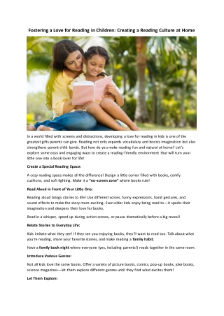 Fostering a Love for Reading in Children Creating a Reading Culture at Home