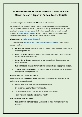 DOWNLOAD FREE SAMPLE - Specialty & Fine Chemicals Market Research Report at Custom Market Insights