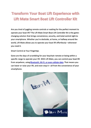 Lift Mate Smart Boat Lift Controller Kit: Seamless Control and Enhanced Security