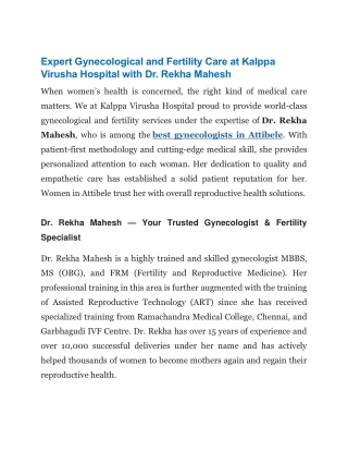 Expert Gynecological and Fertility Care at Kalppa Virusha Hospital with Dr