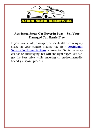 Accidental Scrap Car Buyer in Pune  Sell Your Damaged Car HassleFree