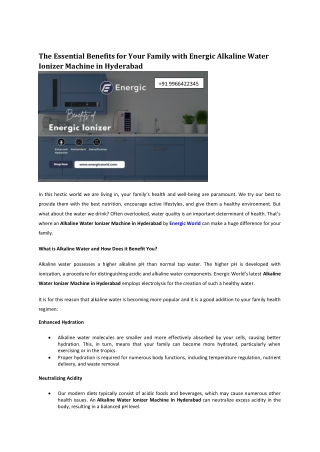 The Essential Benefits for Your Family with Energic Alkaline Water Ionizer Machine in Hyderabad