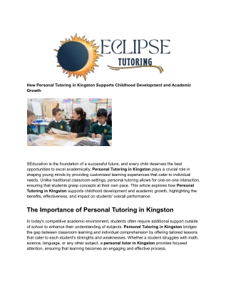 How Personal Tutoring in Kingston Supports Childhood Development and Academic Growth