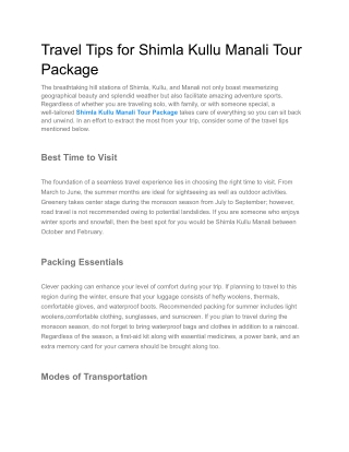 Travel Tips for Shimla Kullu Manali Tour Package