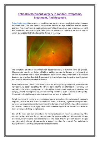 Retinal Detachment Surgery In London Symptoms, Treatment, And Recovery